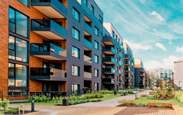 Modern apartment buildings with balconies